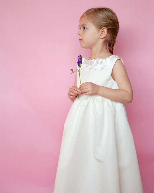 Isla white flower girl dress with floral appliqué